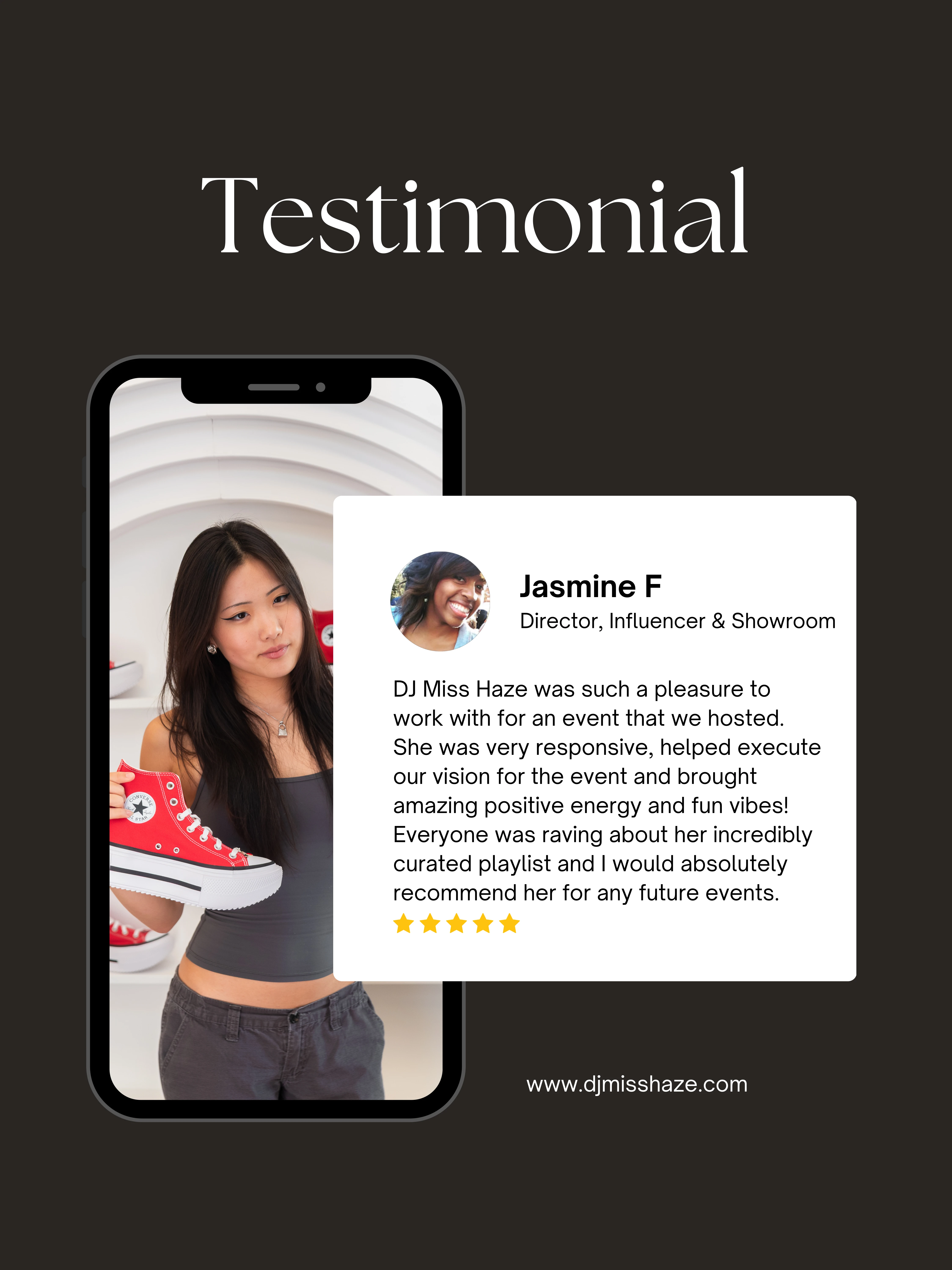 Testimonial - Jasmine F, Director, Influencer & Showroom